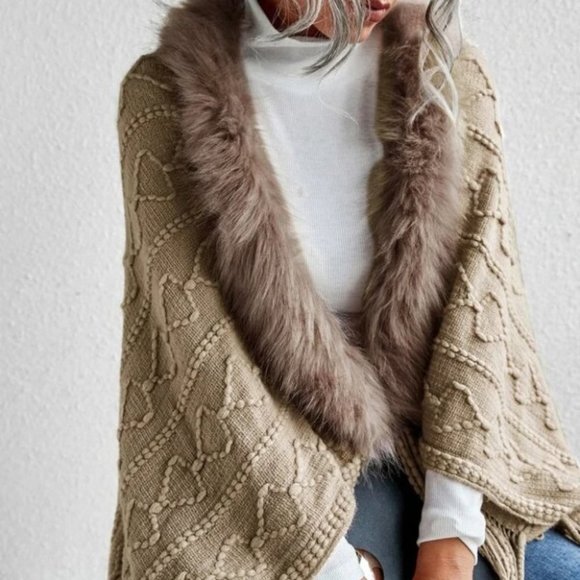 Faux fur Trim Textured Knit  Open front Sweater Cardigan Khaki - Picture 2 of 9